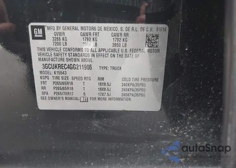 2016 Chevrolet Silverado 1500 2Lt из США, поврежденный, VIN 3GCUKREC4GG211906